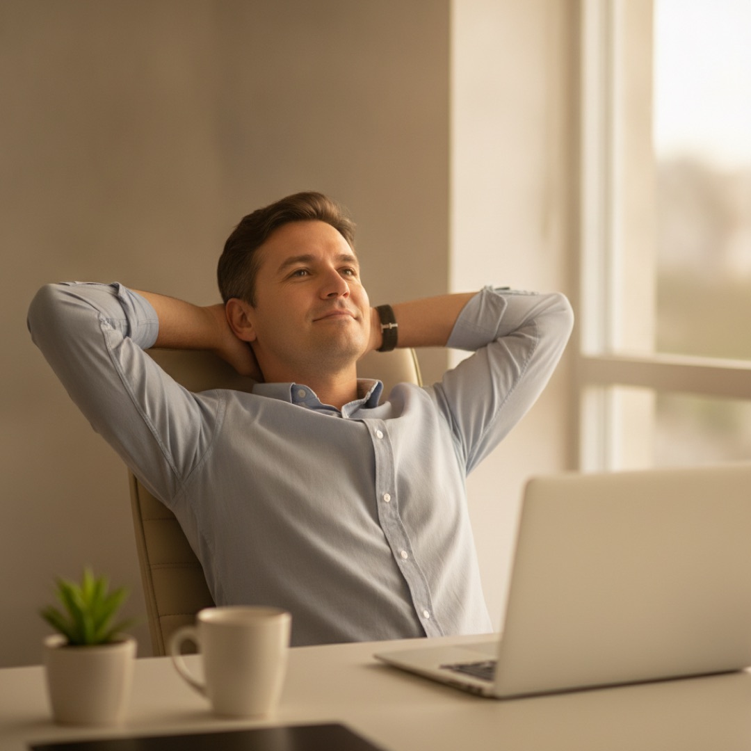 Empresário tranquilo em frente ao notebook, com o certificado digital resolvido