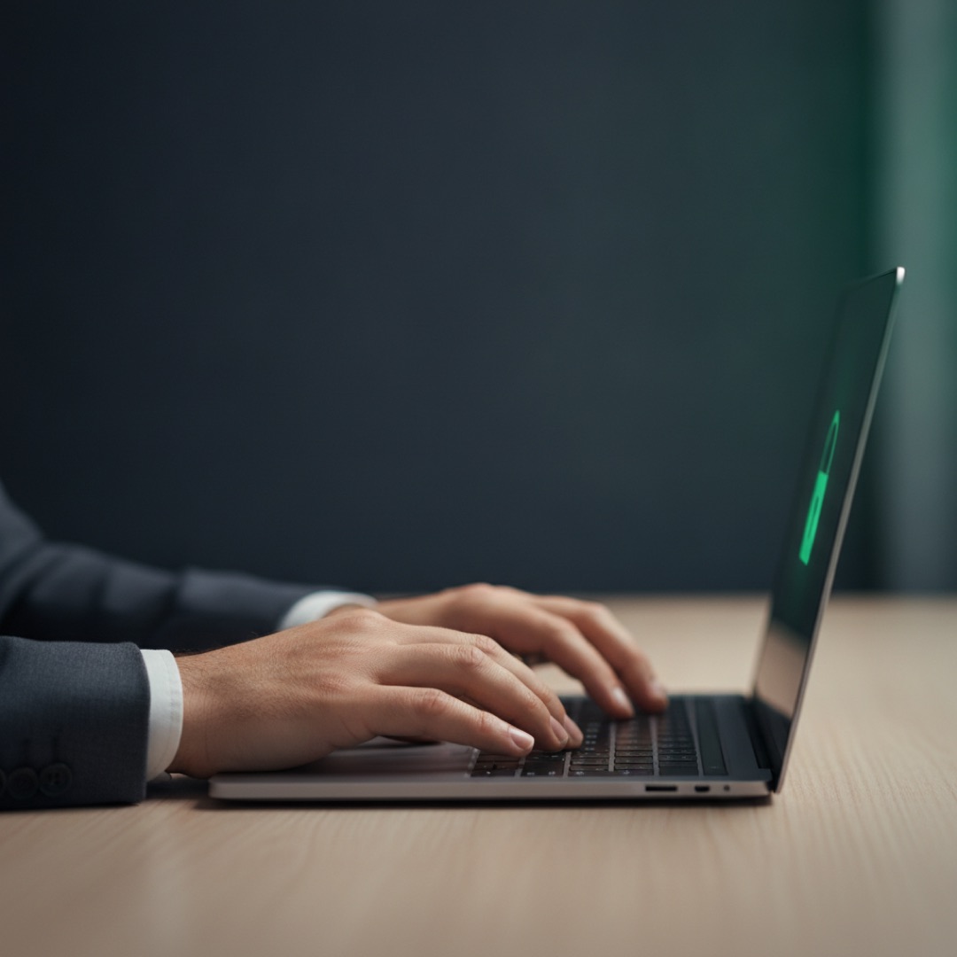 Mãos digitando em notebook com cadeado de segurança digital na tela