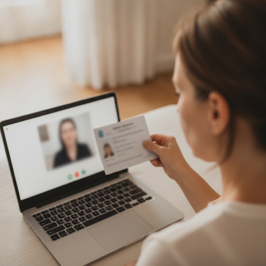 Pessoa em videoconferência de validação segurando o documento de identidade